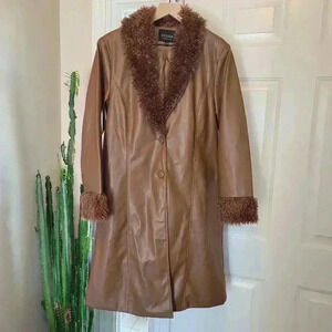 Stoosh Faux Leather Knee Length Faux Fur Sleeves & Collar Embellished, Size‎ XL